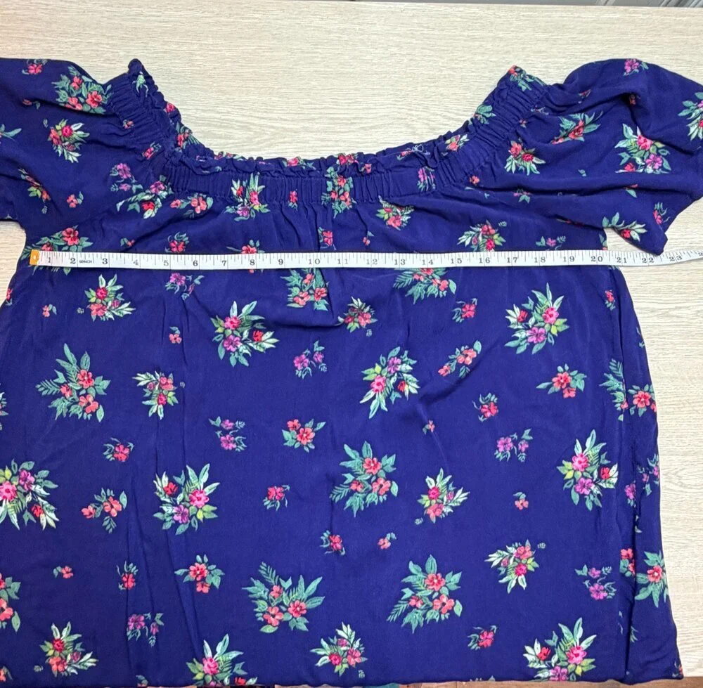 Peyton & Parker Casual Dress Size L Short Sleeve Gathered Neck Royal Blue Floral